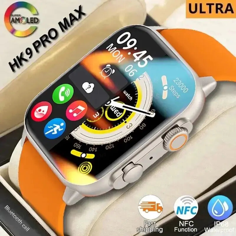 Smartwatch Hk9 Pro MAX para homens e mulheres, tela HD AMOLED, freqüência cardíaca, pressão arterial, NFC, chamada Bluetooth, GPS, esporte, 9