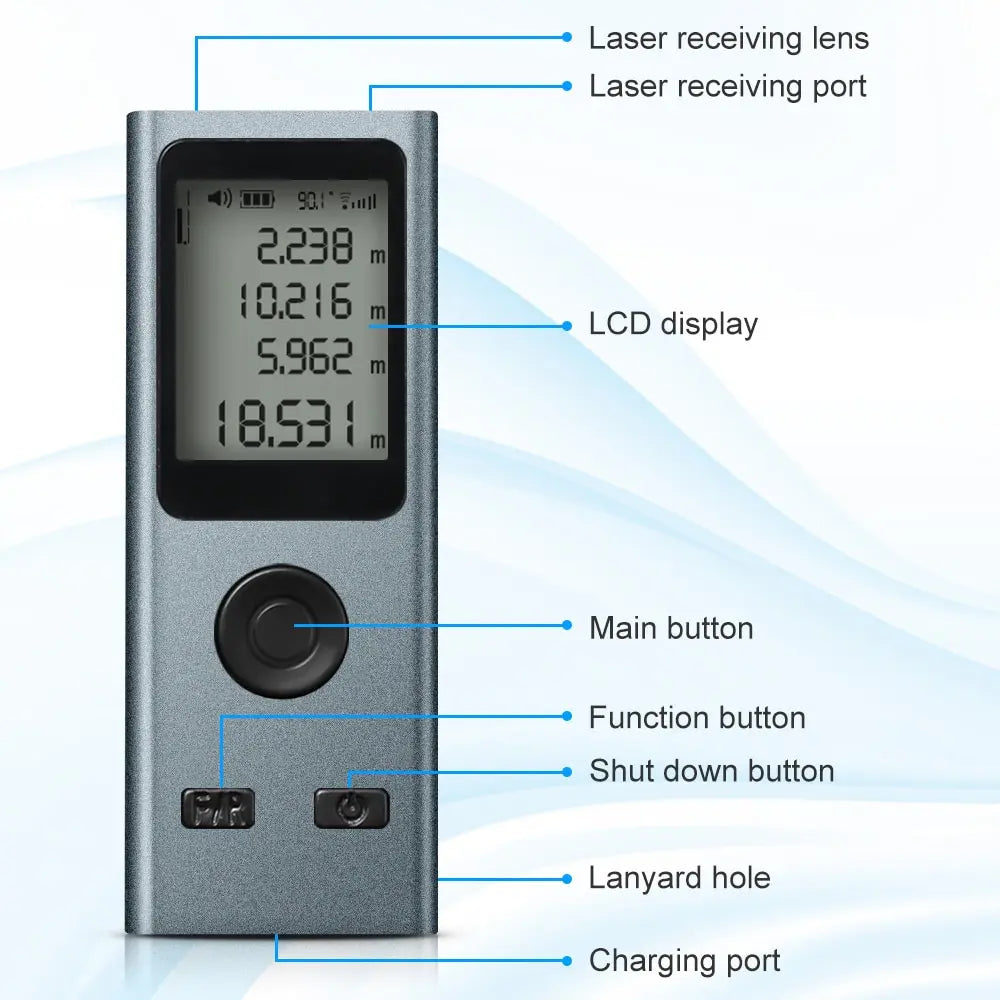 Mini Digital Laser Rangefinder, fita métrica, Régua Laser, Carga USB, Liga de alumínio, Fuselagem de medição, 30m, 50m