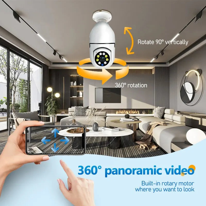 Câmera de Vigilância de Segurança Interna, Visão Noturna Colorida, Rastreamento Humano Automático, Zoom, WiFi, Lâmpada 5G, E27