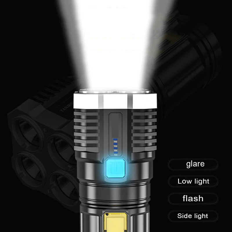 Lanterna de mão portátil multifuncional, lanterna de luz forte, lanterna recarregável, lanterna com 4 contas de lâmpada e lado COB