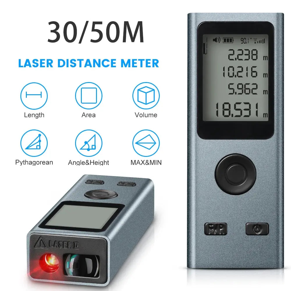 Mini Digital Laser Rangefinder, fita métrica, Régua Laser, Carga USB, Liga de alumínio, Fuselagem de medição, 30m, 50m