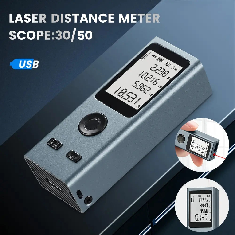 Mini Digital Laser Rangefinder, fita métrica, Régua Laser, Carga USB, Liga de alumínio, Fuselagem de medição, 30m, 50m